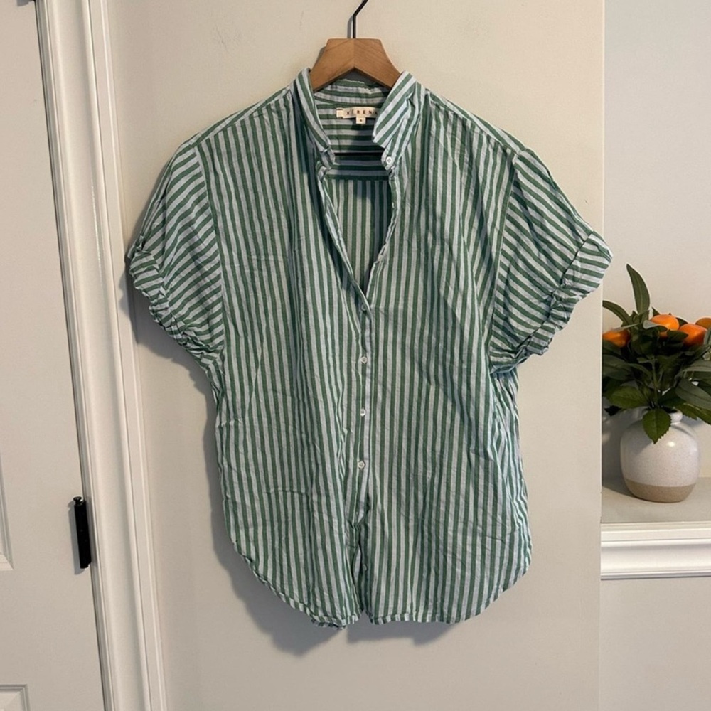 Xirena Blue Green Striped Cotton Blouse Small